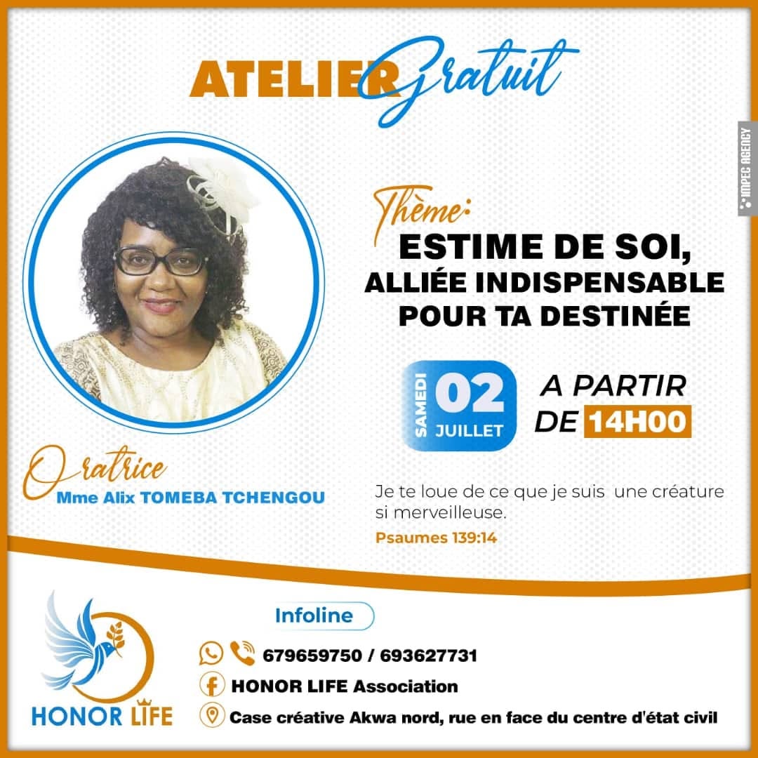 Affiche de l'atelier gratuit Estime de soi, alliée indispensable pour ta destinée