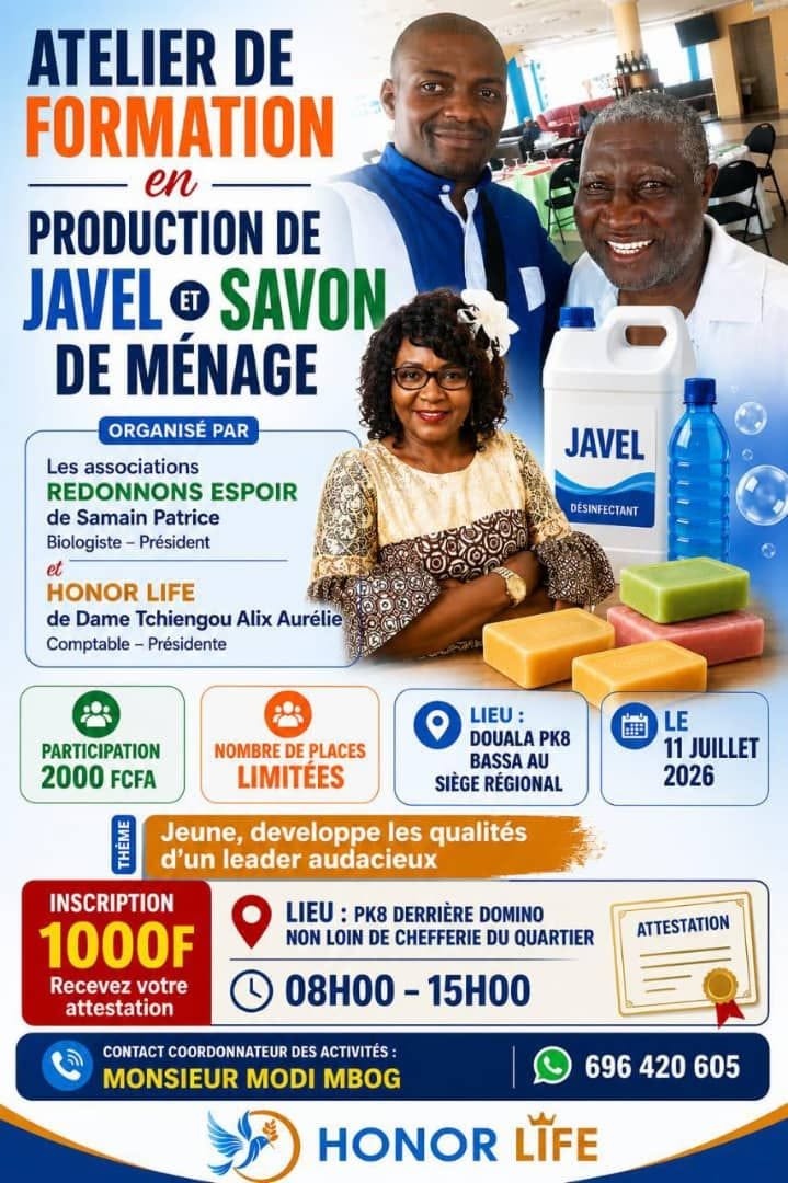 Affiche de l'atelier de formation en production de javel et savon de ménage